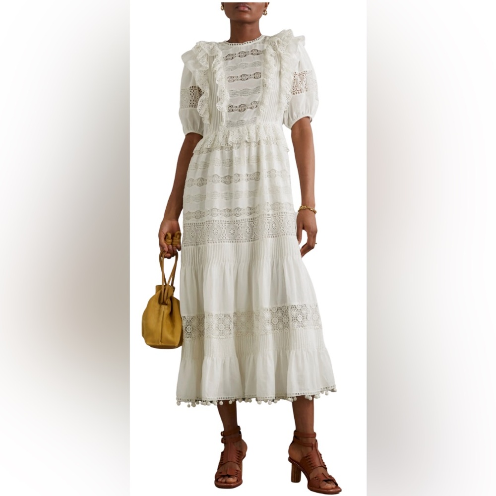 Ulla Johnson Guinevere Ruffled Crochet-trimmed Cotton-blend Poplin Midi Dress